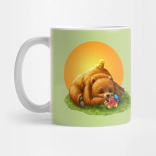 Cute Grizzly Bear and Yellow Bird in Sunset Mug